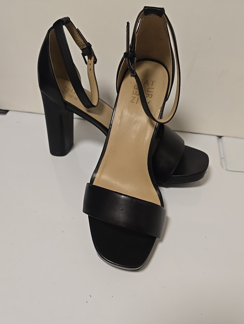 Naturalizer Black Leather Ankle-Strap Block Heels